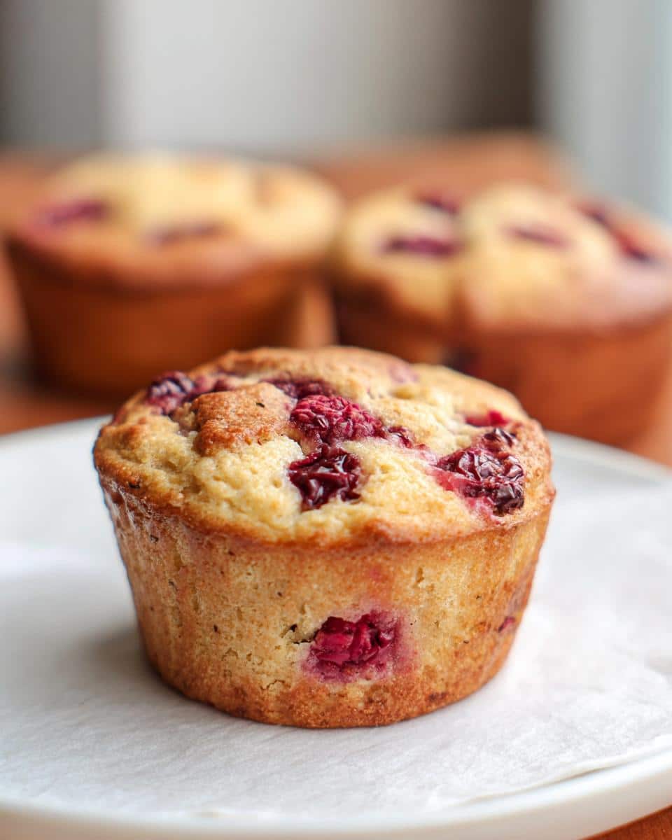 Close-up of a golden baked Cottage Cheese Protein Muffin topped with baked raspberries on a white plate.