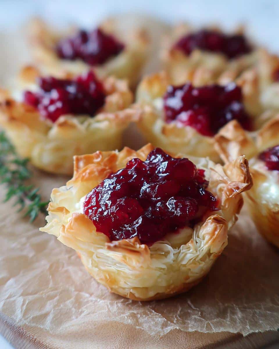 A close-up shot of a flaky phyllo cup filled with brie and topped with glistening cranberry sauce, a perfect Cranberry-Brie Phyllo Cups appetizer.