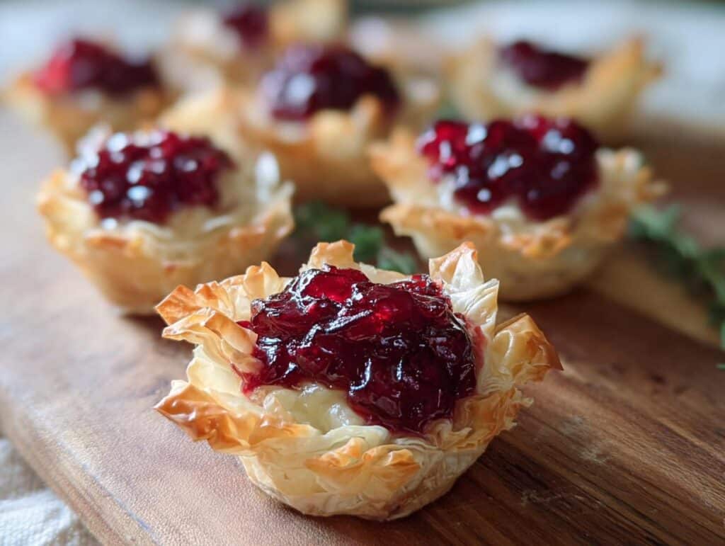 A close-up of one of the Cranberry-Brie Phyllo Cups appetizer, featuring flaky pastry, melted brie, and dark red cranberry topping.
