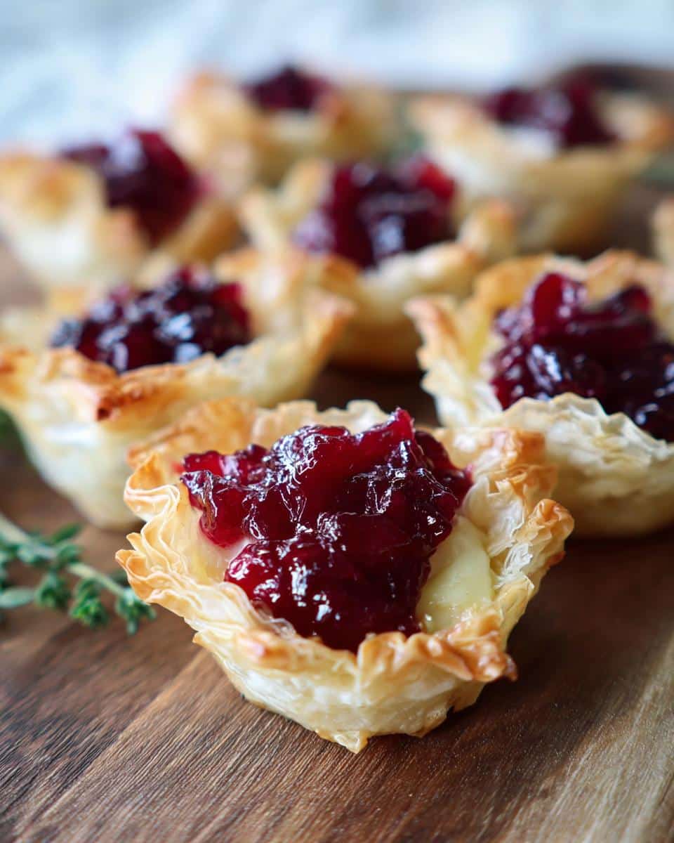 Close-up of a flaky, golden Cranberry-Brie Phyllo Cup topped with rich, dark cranberry sauce.