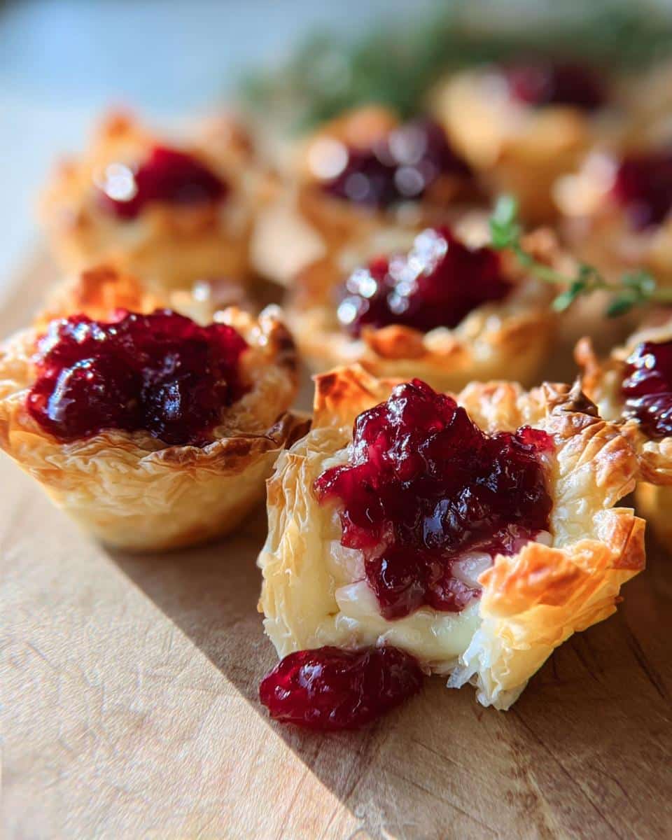 Close-up of flaky Cranberry-Brie Phyllo Cups filled with melted brie and topped with bright red cranberry sauce.