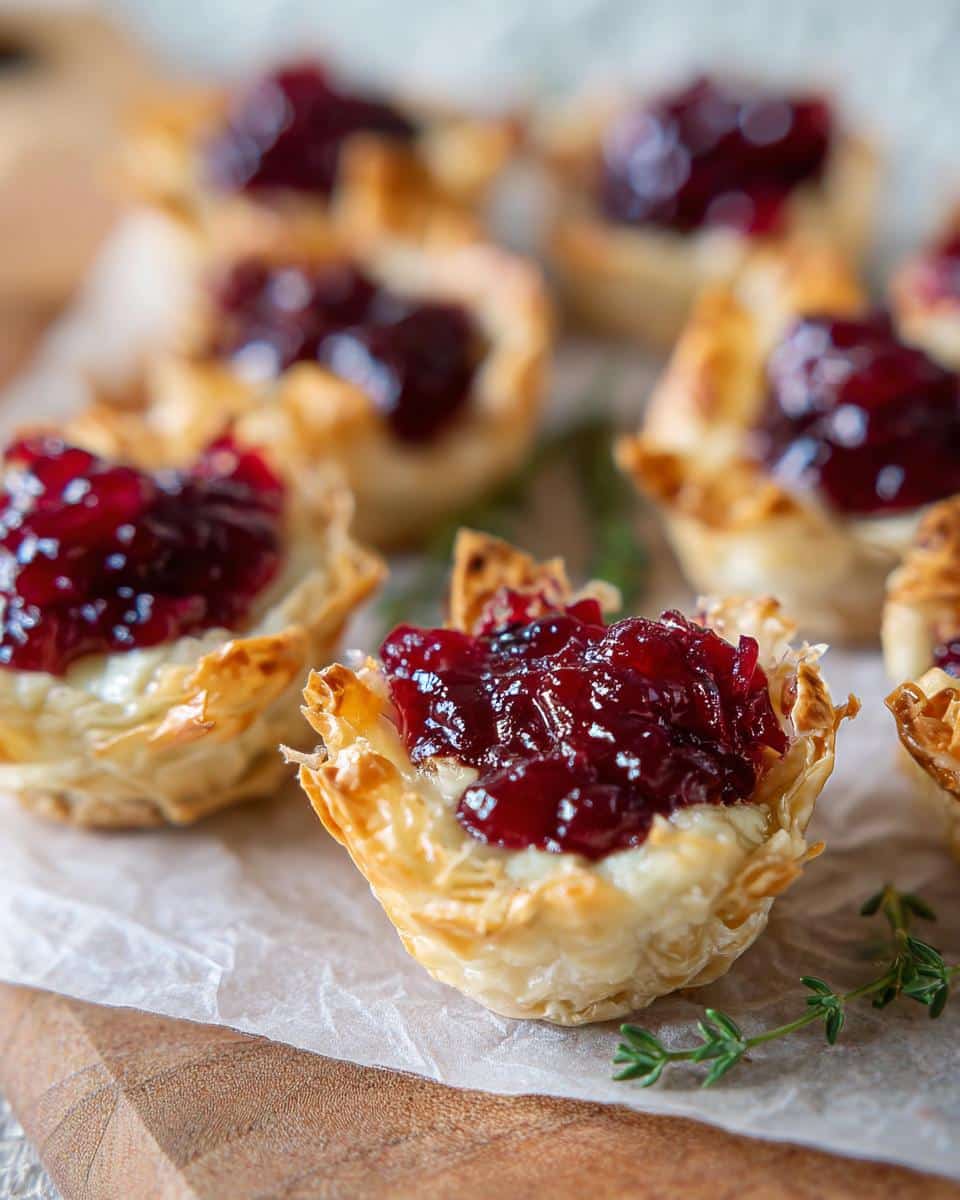 Close-up view of golden, flaky Cranberry-Brie Phyllo Cups topped with rich cranberry sauce, garnished with thyme.