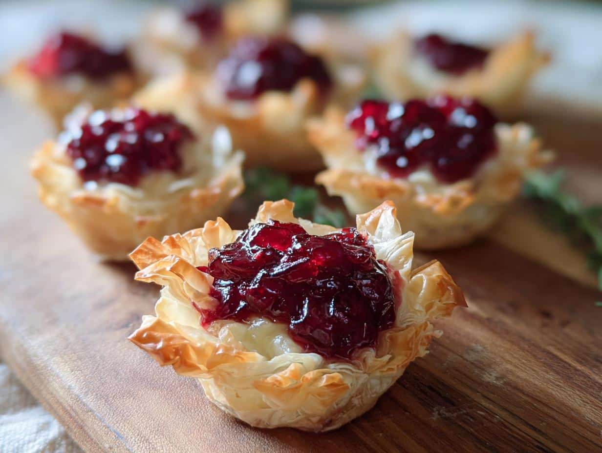 A close-up of one of the Cranberry-Brie Phyllo Cups appetizer, featuring flaky pastry, melted brie, and dark red cranberry topping.