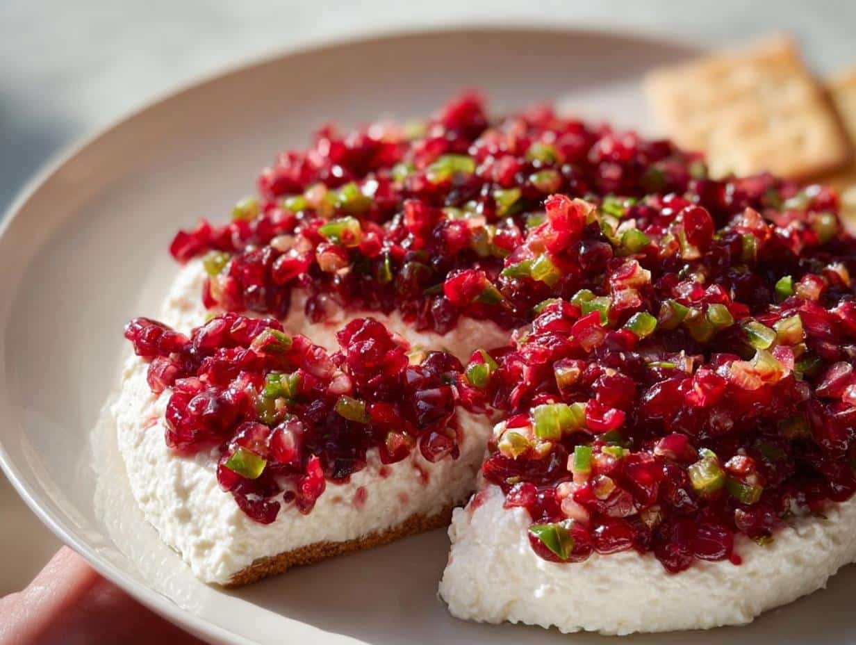 Close-up of Cranberry Jalapeño Dip served over cream cheese with crackers visible in the background.