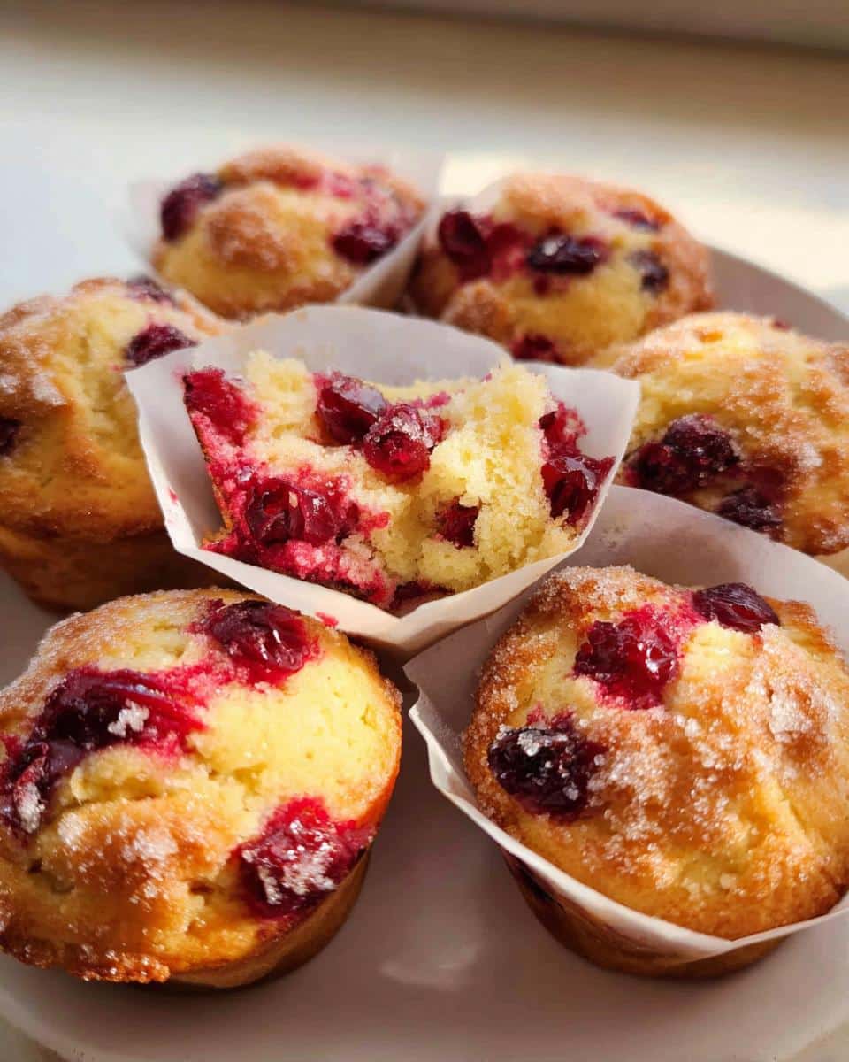 Close-up of a Cranberry Orange Muffins Board featuring several golden-brown muffins studded with bright red cranberries.