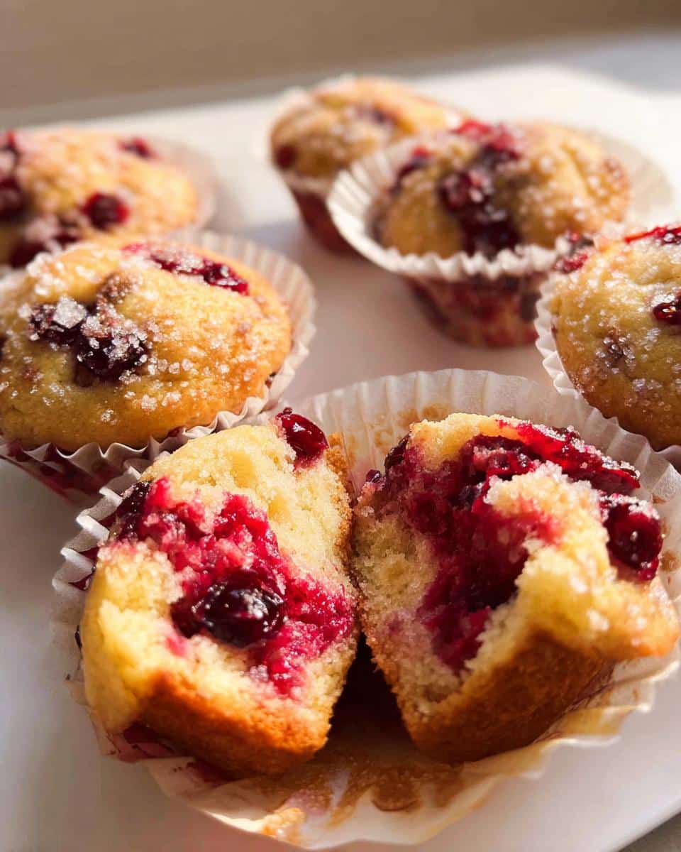 Close-up of a Cranberry Orange Muffins Board, with one muffin split open showing a vibrant berry filling.