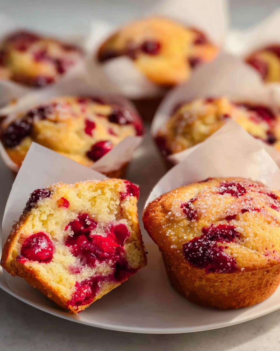 Close-up of a slice of Cranberry Orange Muffin showing juicy cranberries and a fluffy interior, with whole muffins in the background.