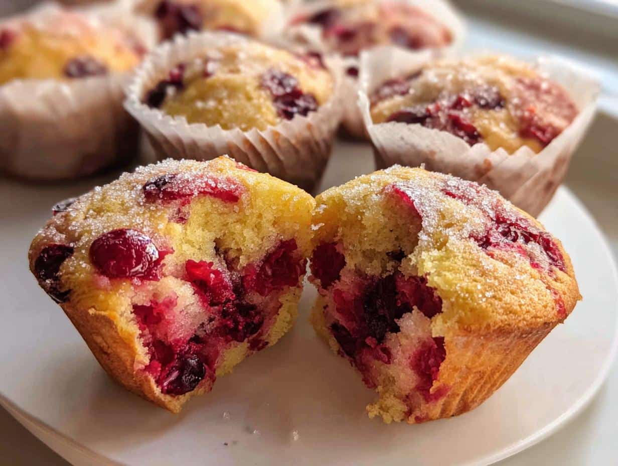 Close-up of a Cranberry Orange Muffins Board, featuring a muffin split in half to reveal juicy cranberries and a fluffy interior.