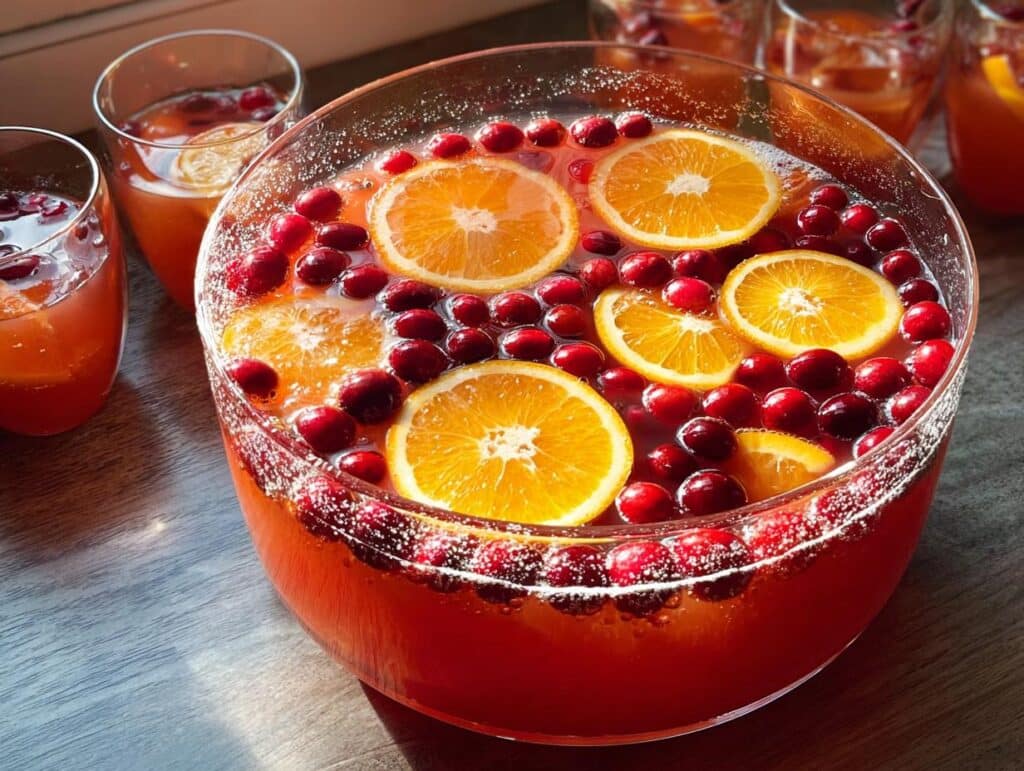 A large glass punch bowl filled with Cranberry Orange Punch, garnished with fresh cranberries and orange slices.
