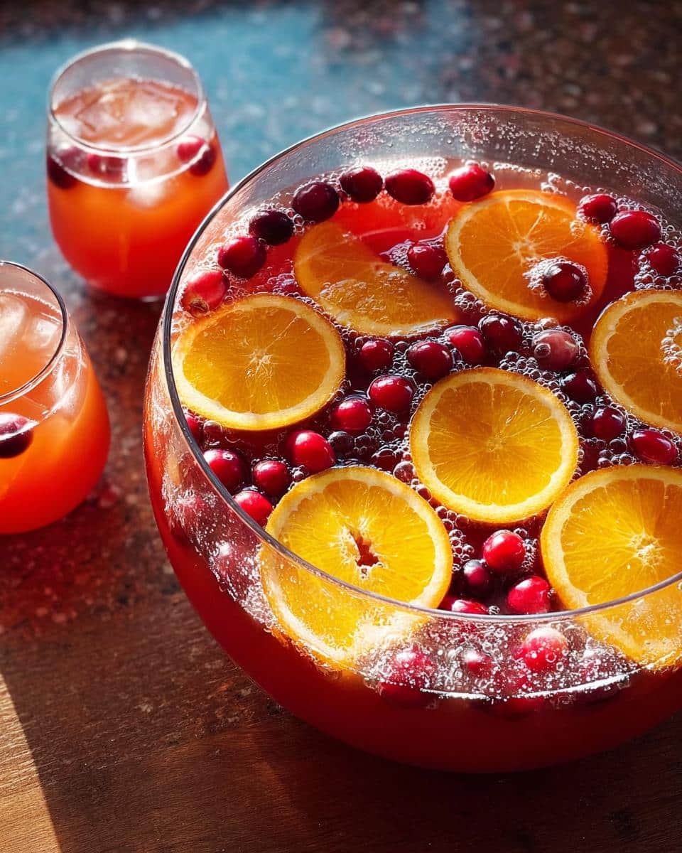 A large glass bowl filled with Cranberry Orange Punch, garnished with orange slices and fresh cranberries.