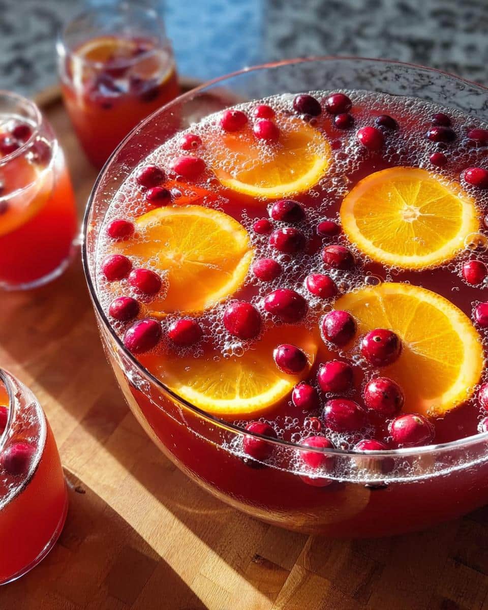 A close-up of a large glass bowl filled with festive Cranberry Orange Punch, garnished with fresh cranberries and orange slices.