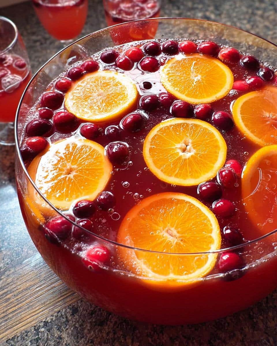 A large glass bowl filled with vibrant Cranberry Orange Punch, garnished with fresh orange slices and whole cranberries.