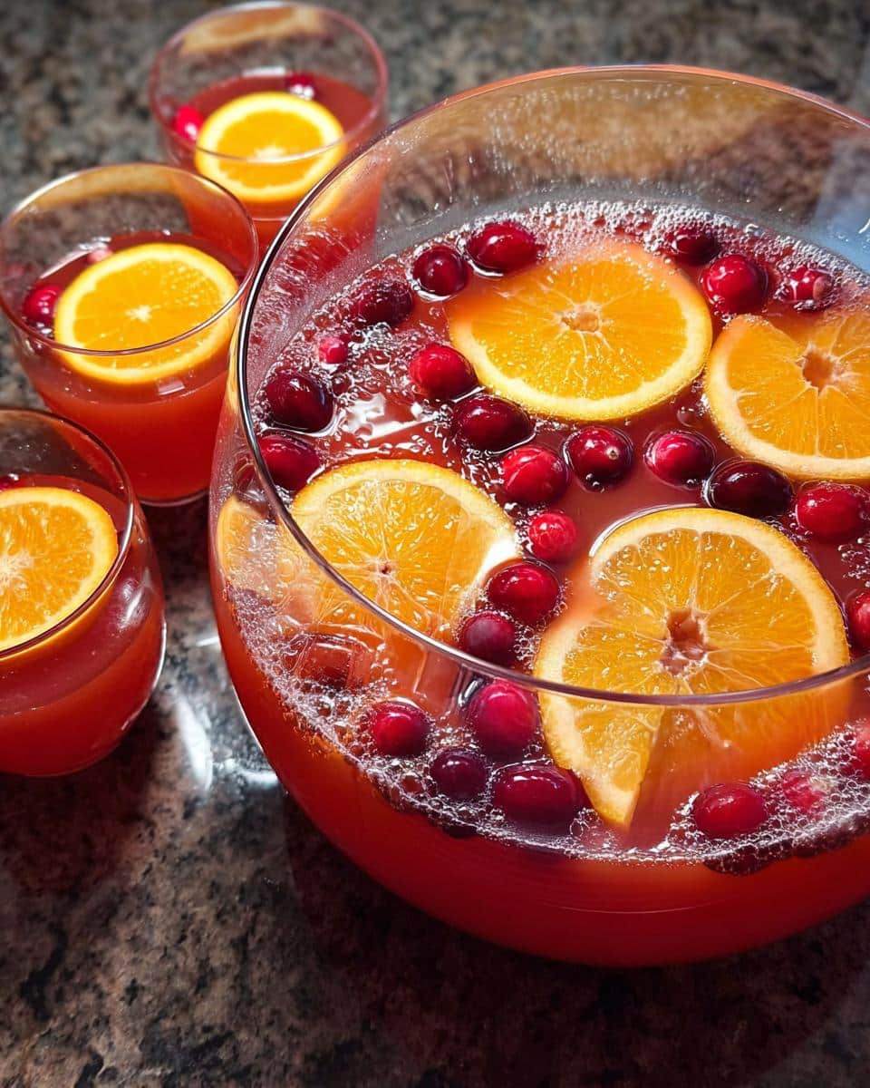 A large glass punch bowl filled with vibrant Cranberry Orange Punch, garnished with fresh cranberries and orange slices. Several glasses of the punch are visible in the background.