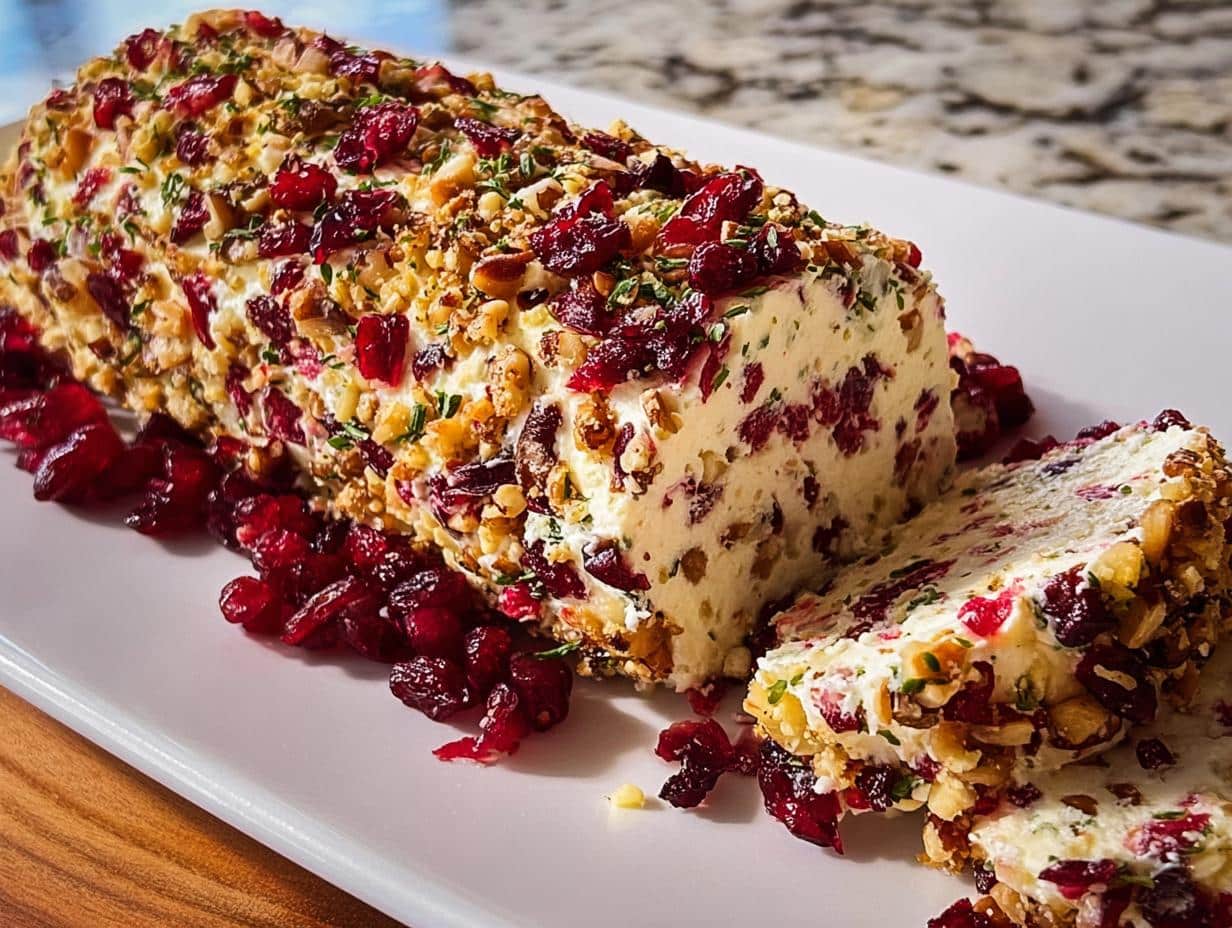 A rich Cranberry Walnut Cheese Log coated in nuts and dried cranberries, with a slice cut off on a white platter.