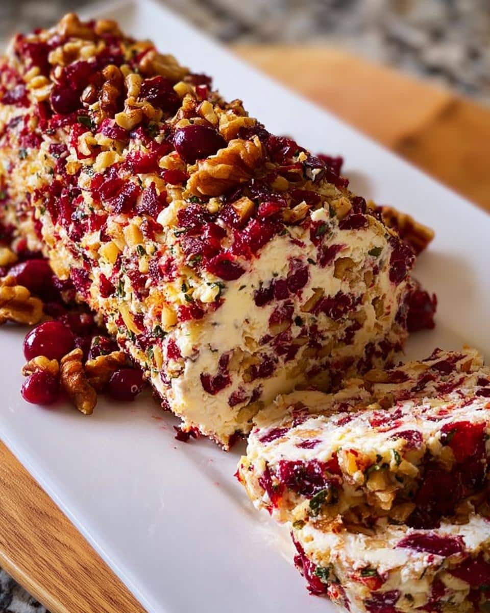 A festive Cranberry Walnut Cheese Log coated in cranberries and walnuts, with one slice cut off.