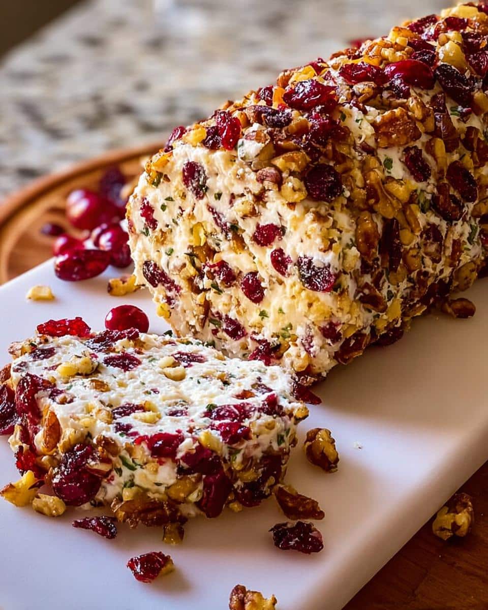 A thick slice cut from a festive Cranberry Walnut Cheese Log, showing the creamy interior mixed with dried cranberries and nuts.