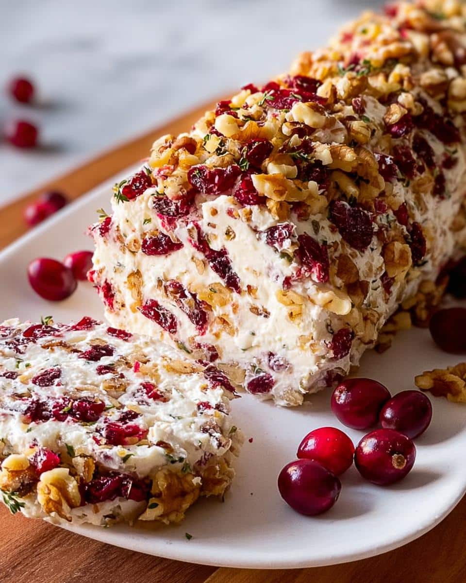 A creamy Cranberry Walnut Cheese Log coated in nuts and dried fruit, with one slice cut and resting next to it.