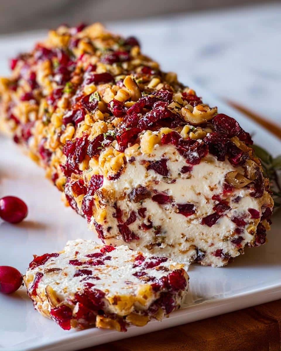 A creamy Cranberry Walnut Cheese Log rolled in dried cranberries and chopped walnuts, with one slice cut off.