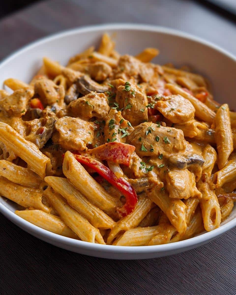 Close-up of Creamy Cajun Protein Pasta made with penne, chicken pieces, mushrooms, and red peppers.