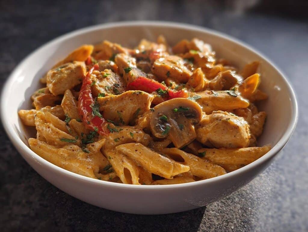 A close-up of Creamy Cajun Protein Pasta Prep featuring penne pasta, chicken pieces, mushrooms, and red peppers in a rich sauce.