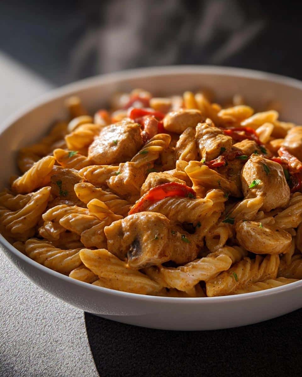Close-up of Creamy Cajun Protein Pasta with chicken and mushrooms in a white bowl.