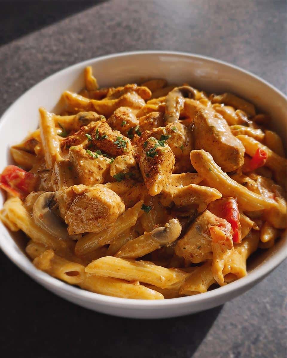 A close-up view of a white bowl filled with Creamy Cajun Protein Pasta Prep, featuring penne pasta, seasoned chicken chunks, mushrooms, and red peppers in a rich sauce.