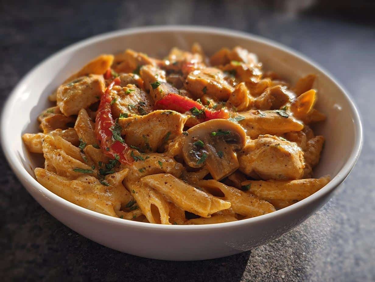 A close-up of Creamy Cajun Protein Pasta Prep featuring penne pasta, chicken pieces, mushrooms, and red peppers in a rich sauce.