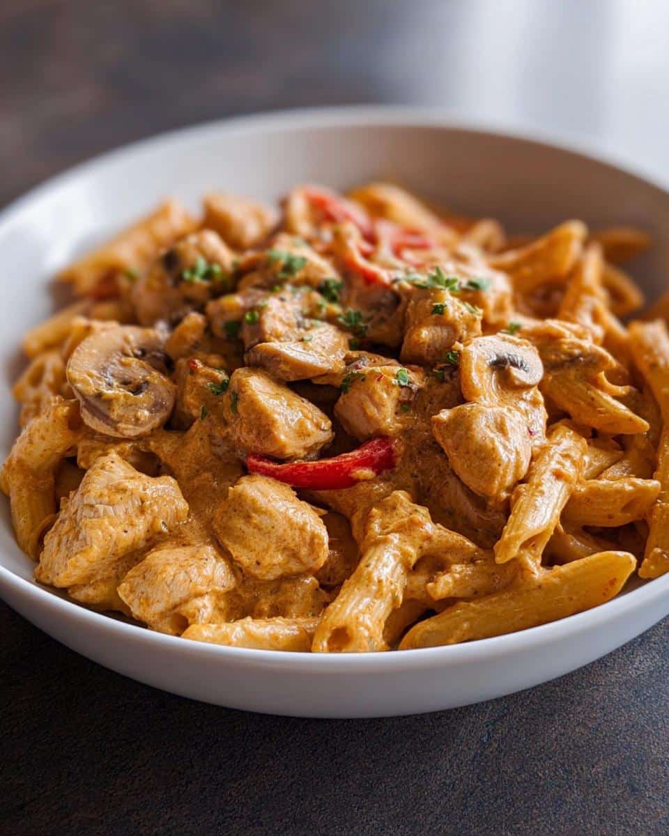 Close-up of Creamy Cajun Protein Pasta Prep featuring chicken, mushrooms, and red peppers in a rich sauce.