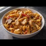 A white bowl filled with finished Creamy Cajun Protein Pasta, featuring penne, chicken chunks, mushrooms, and red peppers in a rich sauce.