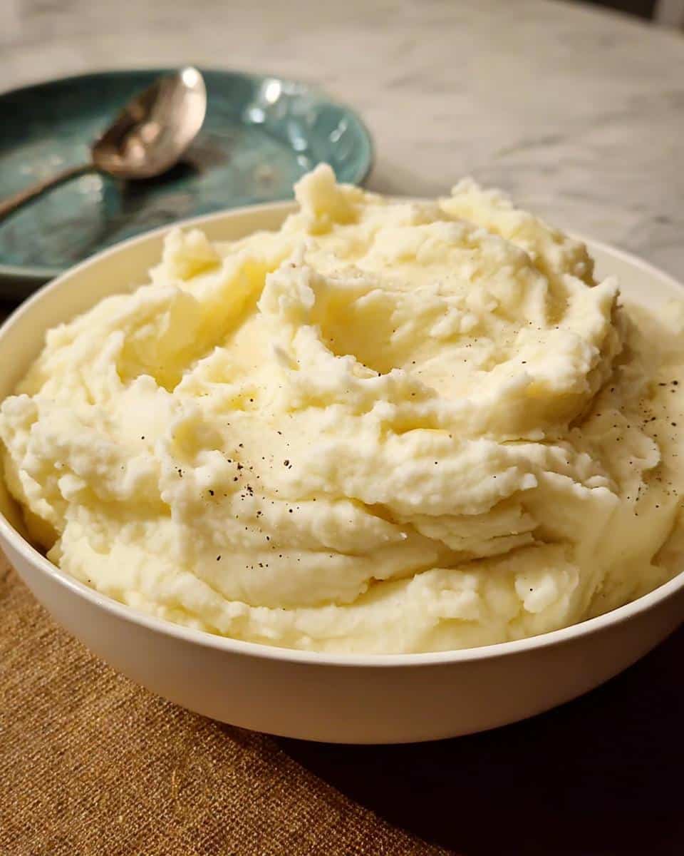 A white bowl filled with fluffy, creamy Christmas mashed potatoes, lightly seasoned with cracked black pepper.