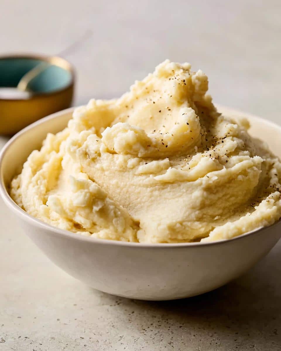 A large bowl overflowing with fluffy Creamy Christmas Mashed Potatoes, topped with cracked black pepper.