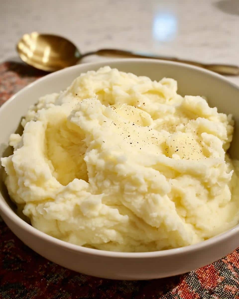A close-up of fluffy Creamy Christmas Mashed Potatoes topped with melted butter and black pepper in a white bowl.