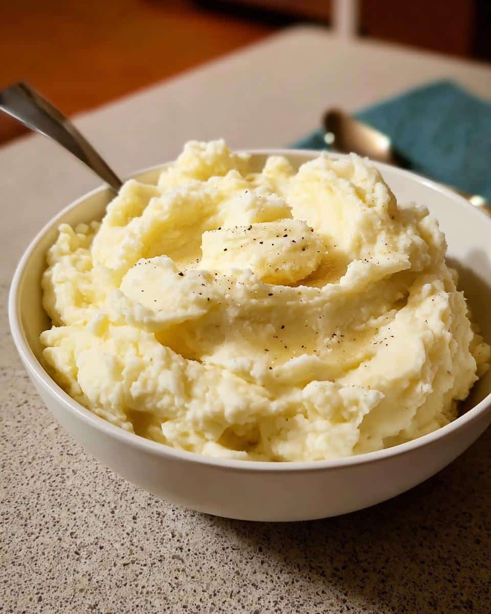 A white bowl filled with fluffy Creamy Christmas Mashed Potatoes, topped with melted butter and black pepper.