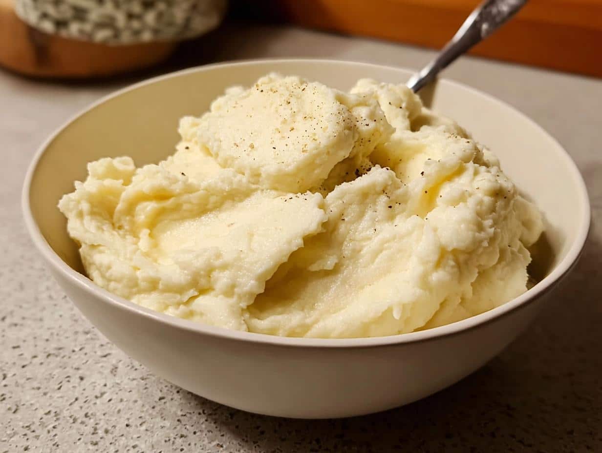 A close-up of a white bowl filled with fluffy Creamy Christmas Mashed Potatoes, topped with freshly ground black pepper.