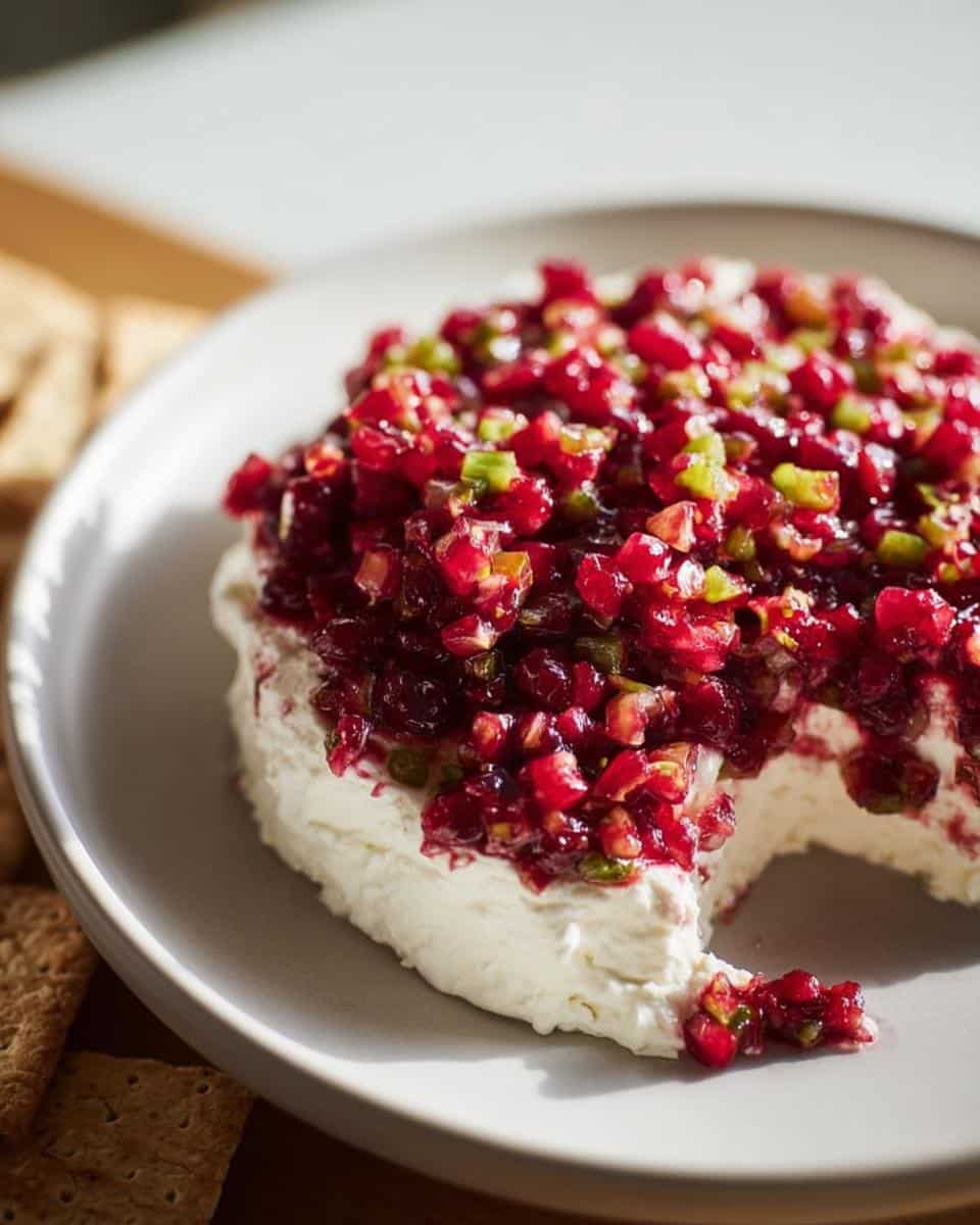 A mound of creamy white cheese topped with vibrant red Cranberry Jalapeño Dip, served with crackers.