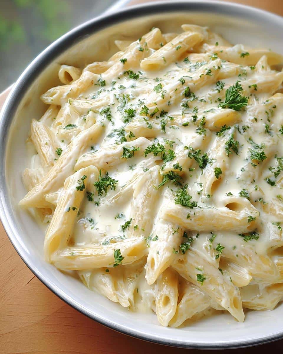 A close-up of a white bowl filled with Creamy Garlic Protein Penne, generously coated in a rich white sauce and topped with fresh parsley.
