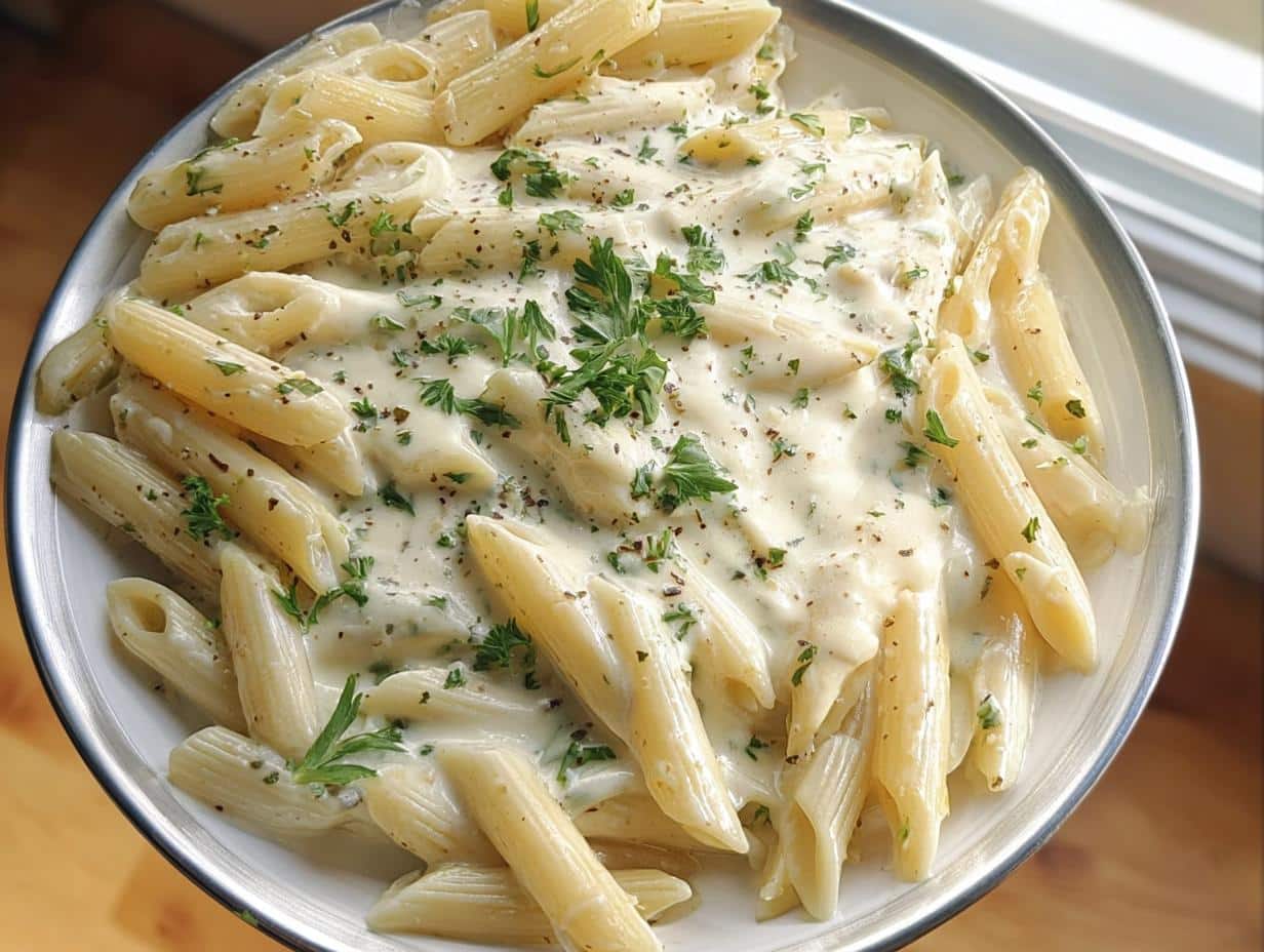 Close-up of a bowl filled with Creamy Garlic Protein Penne, coated in a rich white sauce and topped with fresh parsley.