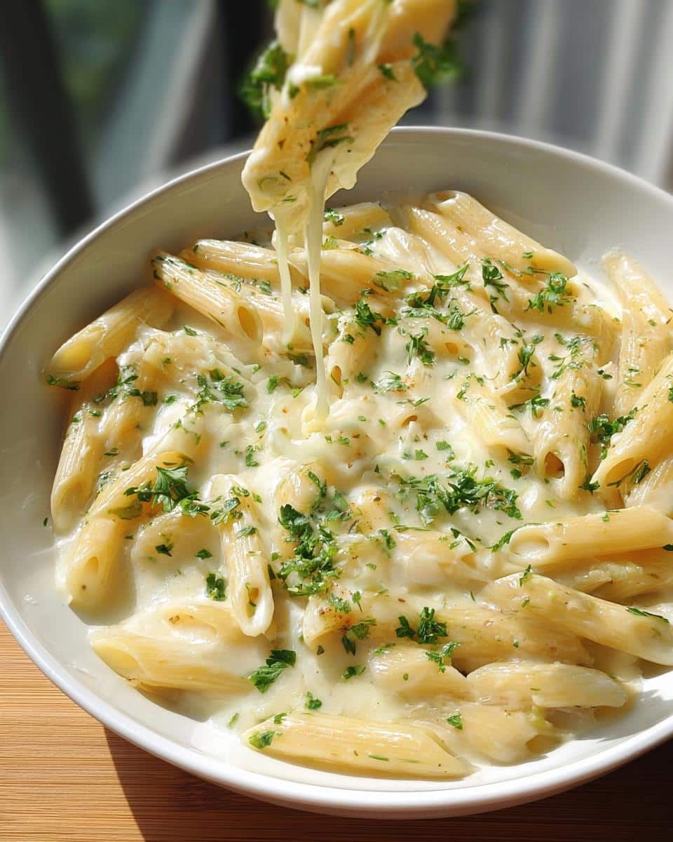 A serving of Creamy Garlic Protein Penne in a white bowl, showing a cheesy pull from a lifted piece of pasta.