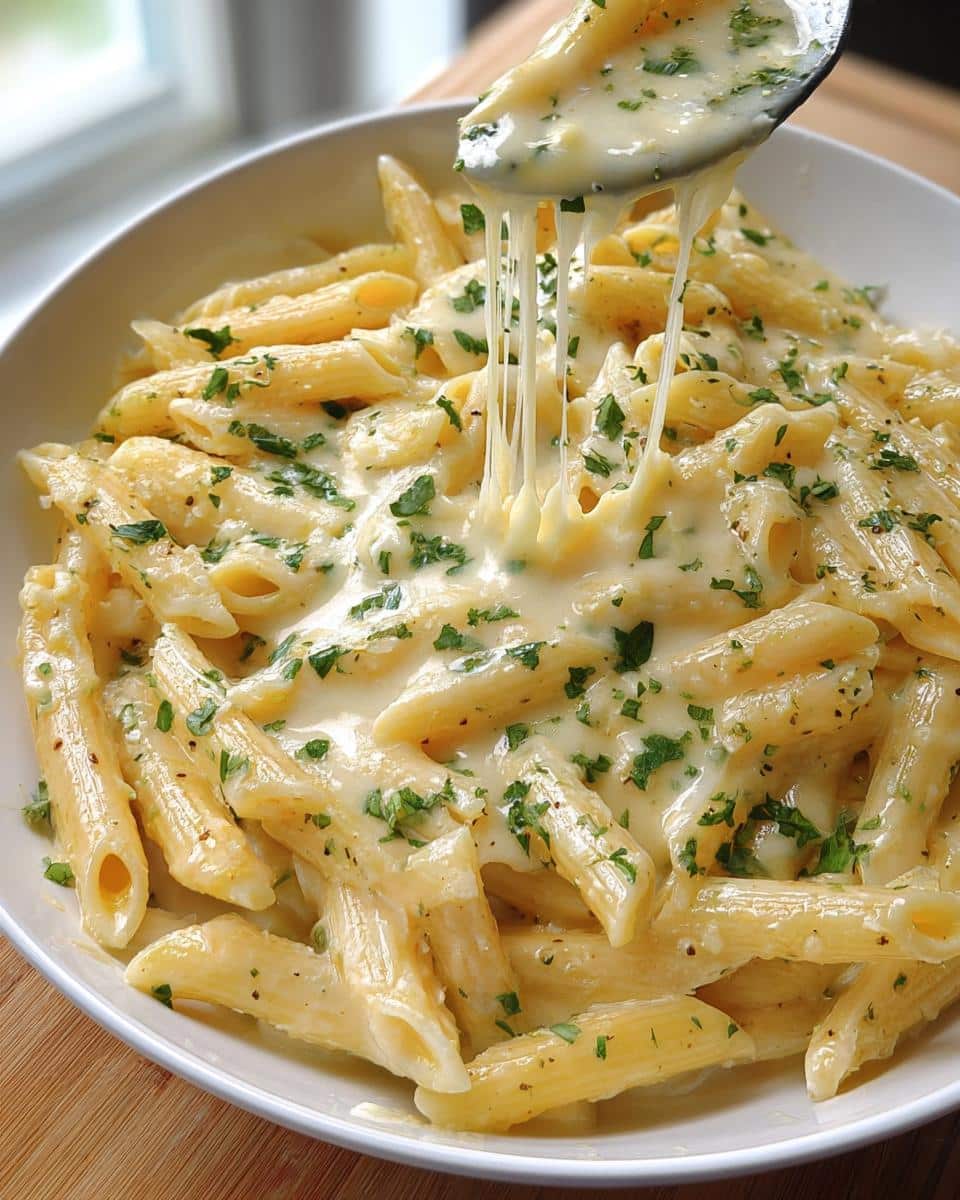 A spoonful of Creamy Garlic Protein Penne showing long, stretchy cheese pulls over the pasta.