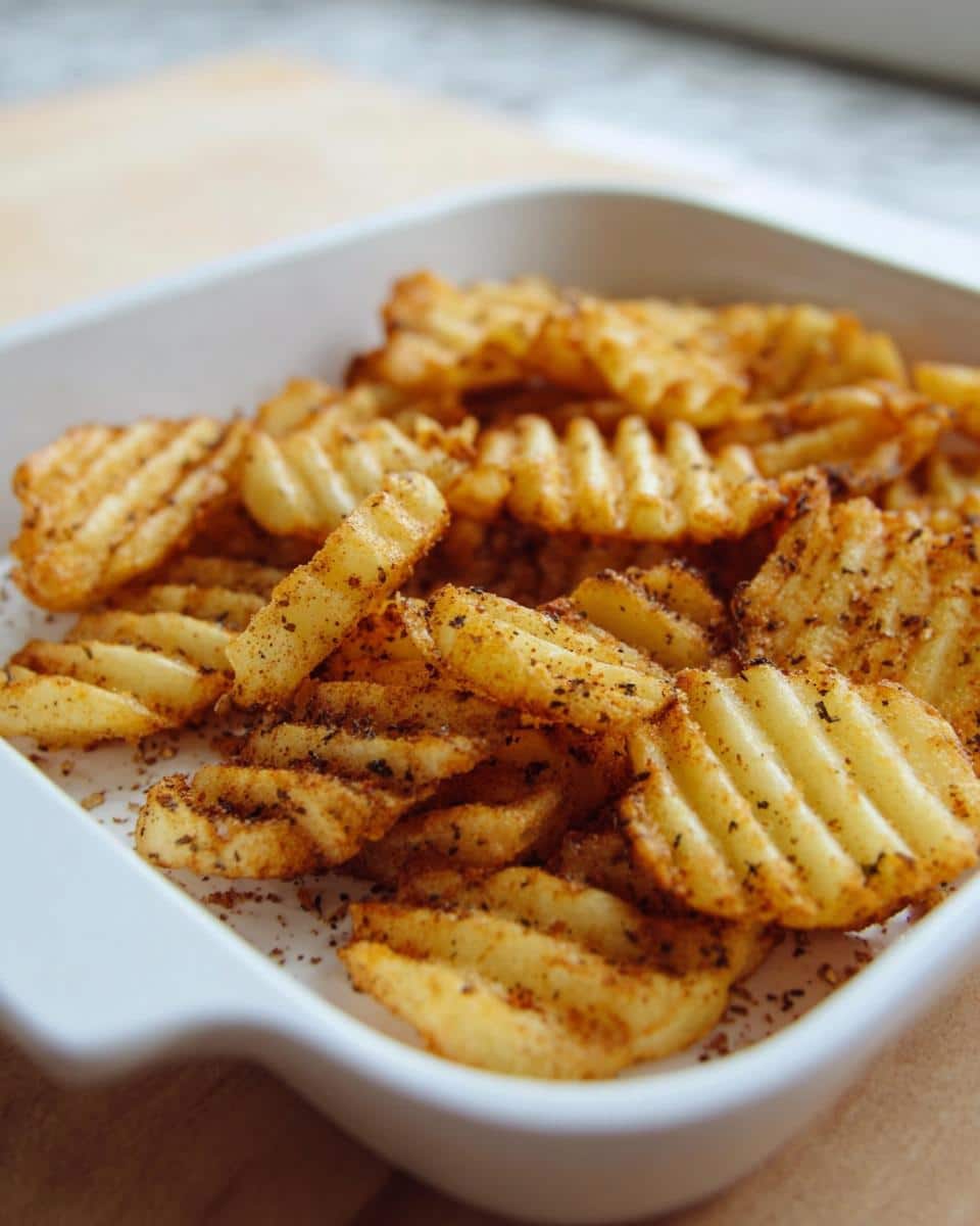 Close-up of golden, seasoned Crinkle-Cut Oven Chips piled high in a white serving dish.