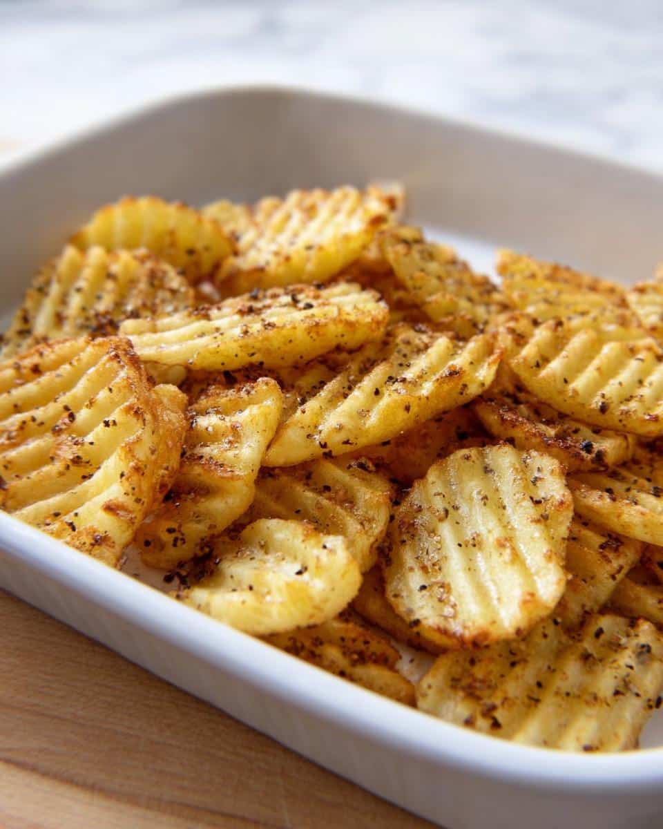 Close-up of golden, seasoned Crinkle-Cut Oven Chips piled high in a white baking dish.