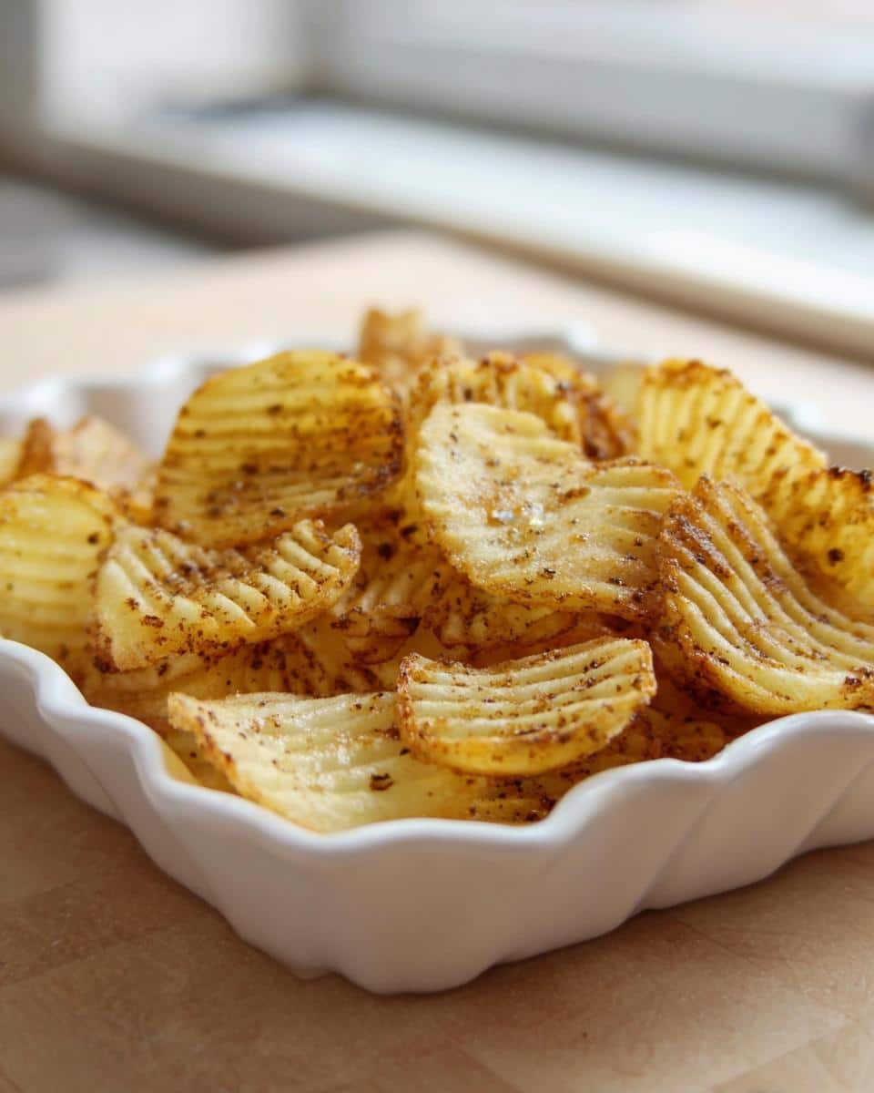A close-up of golden, seasoned Crinkle-Cut Oven Chips piled high in a white, wavy serving dish.