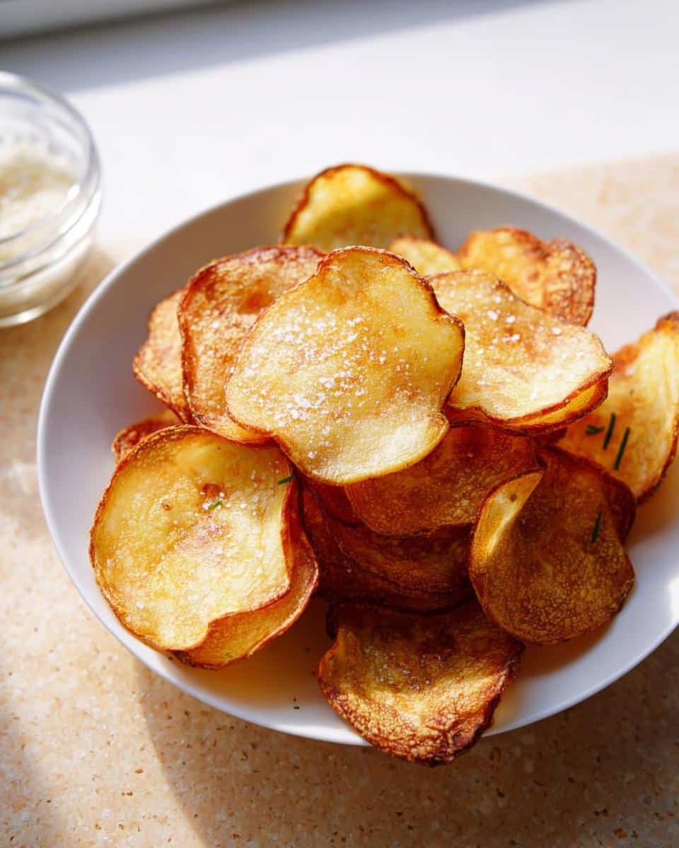 A white bowl filled with golden, crispy baked potato chips sprinkled with salt, perfect for kids.