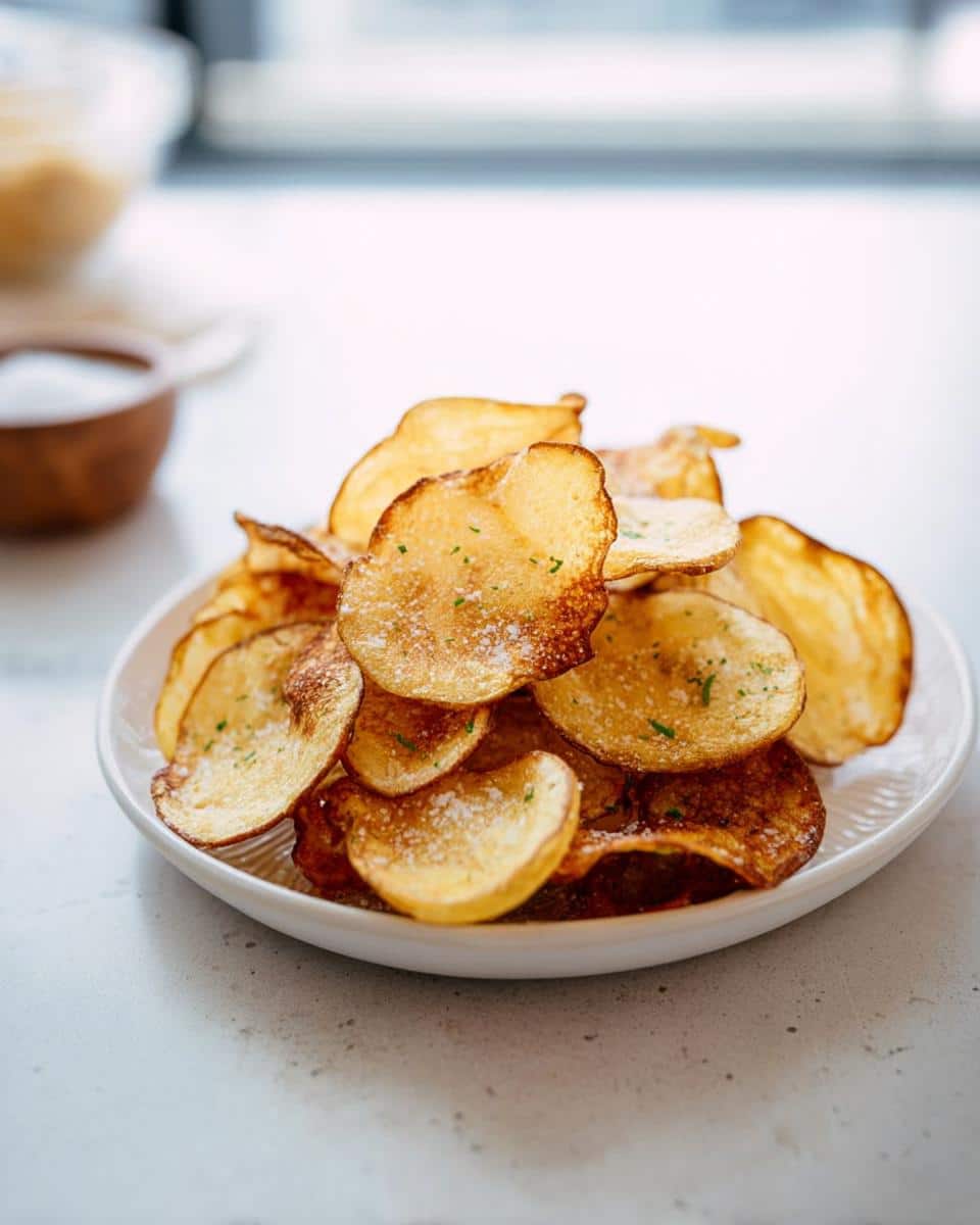 A white bowl piled high with golden brown, crispy baked potato chips for kids, sprinkled with salt and herbs.