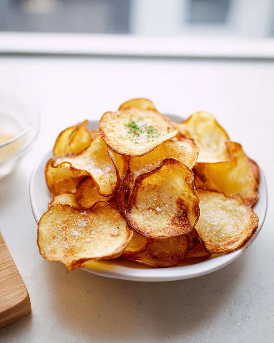 A white bowl piled high with golden, crispy baked potato chips for kids, seasoned with salt and herbs.