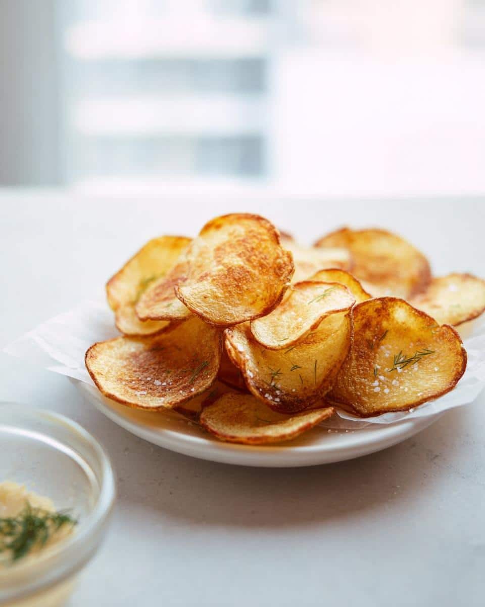 A pile of golden brown, crispy baked potato chips for kids sprinkled with sea salt and dill on a white plate.