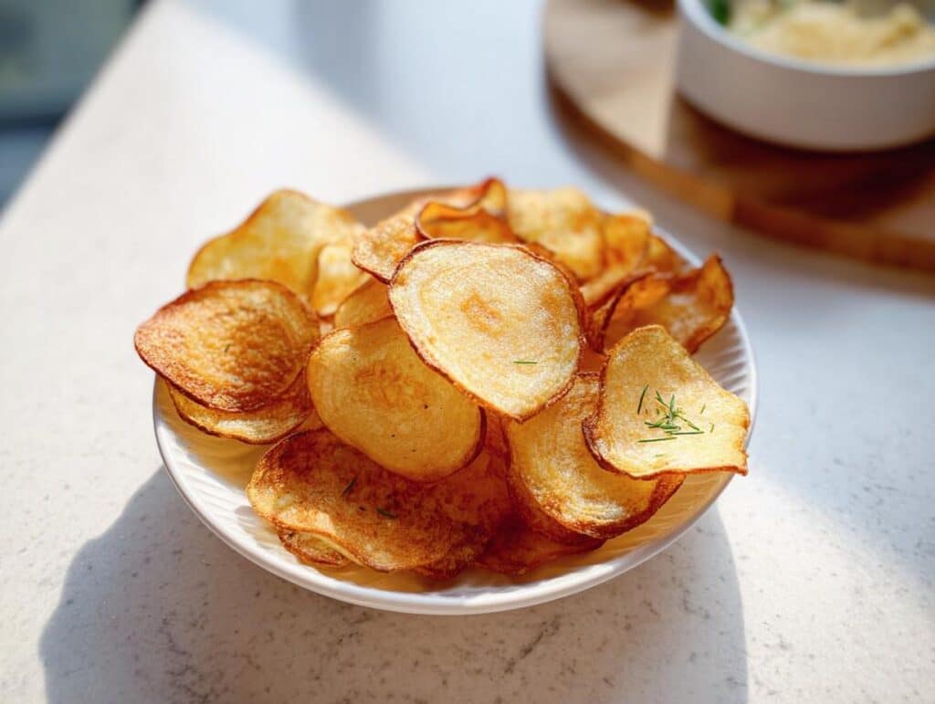 A white plate piled high with golden brown, crispy baked potato chips for kids, lightly seasoned.