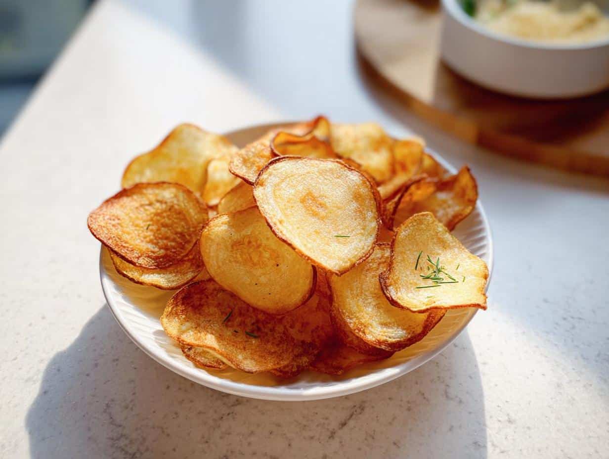 A white plate piled high with golden brown, crispy baked potato chips for kids, lightly seasoned.