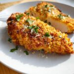 Close-up of two pieces of Crispy Parmesan Crusted Air Fryer Chicken on a plate, garnished with parsley.