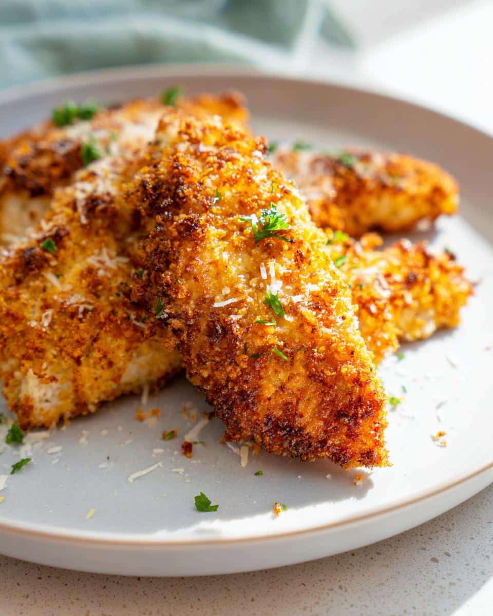 Close-up of Crispy Parmesan Crusted Air Fryer Chicken tenders on a plate, garnished with parsley and grated Parmesan.